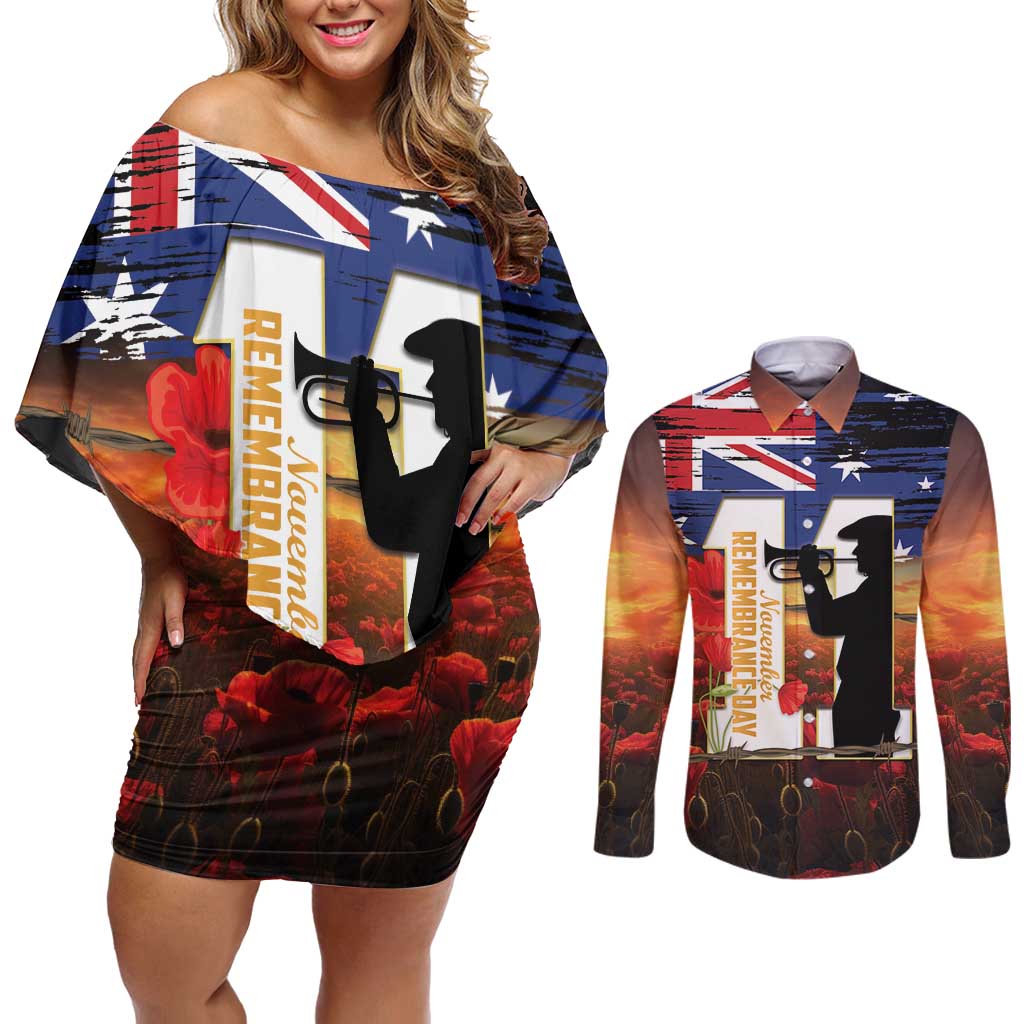 Australia Rememberance Day Couples Matching Off Shoulder Short Dress and Long Sleeve Button Shirt 11 November Poppy Field With Last Post