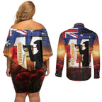 Australia Rememberance Day Couples Matching Off Shoulder Short Dress and Long Sleeve Button Shirt 11 November Poppy Field With Last Post