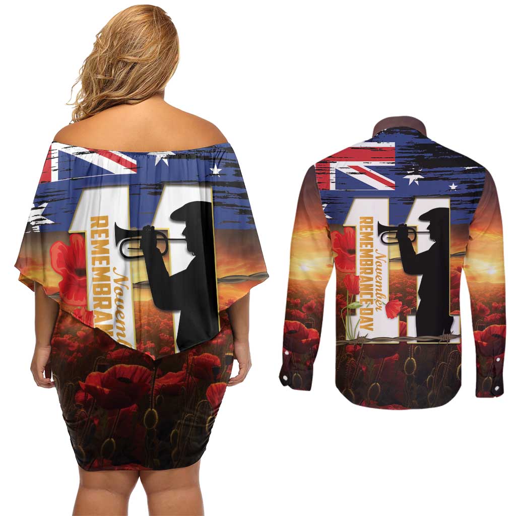 Australia Rememberance Day Couples Matching Off Shoulder Short Dress and Long Sleeve Button Shirt 11 November Poppy Field With Last Post
