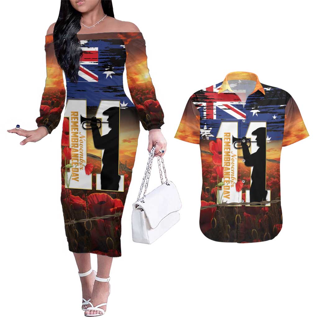 Australia Rememberance Day Couples Matching Off The Shoulder Long Sleeve Dress and Hawaiian Shirt 11 November Poppy Field With Last Post