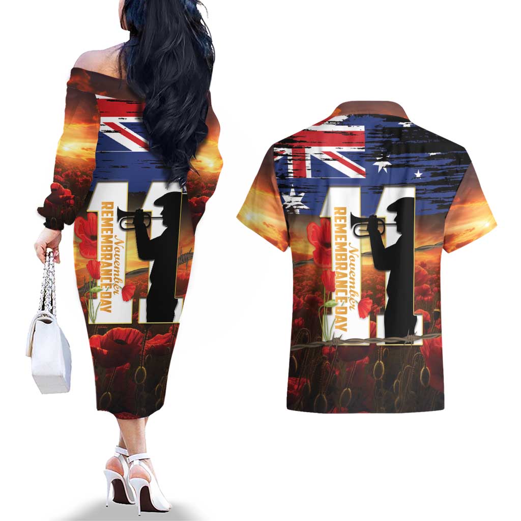 Australia Rememberance Day Couples Matching Off The Shoulder Long Sleeve Dress and Hawaiian Shirt 11 November Poppy Field With Last Post