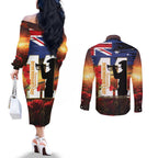 Australia Rememberance Day Couples Matching Off The Shoulder Long Sleeve Dress and Long Sleeve Button Shirt 11 November Poppy Field With Last Post