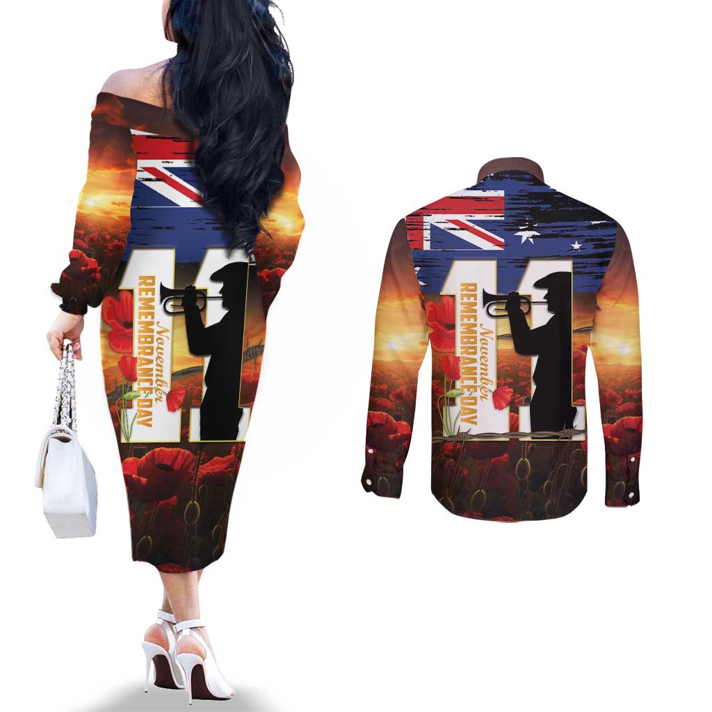 Australia Rememberance Day Couples Matching Off The Shoulder Long Sleeve Dress and Long Sleeve Button Shirt 11 November Poppy Field With Last Post