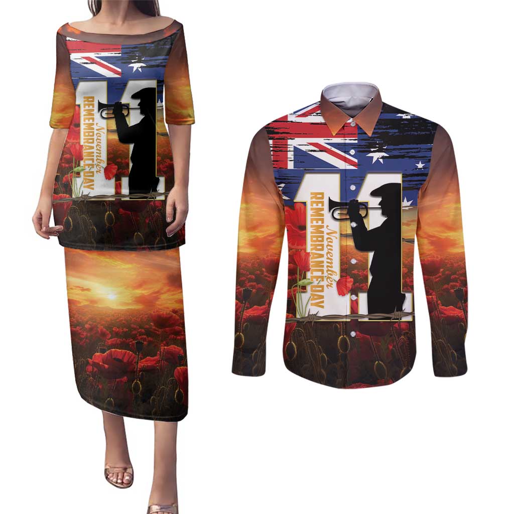 Australia Rememberance Day Couples Matching Puletasi and Long Sleeve Button Shirt 11 November Poppy Field With Last Post