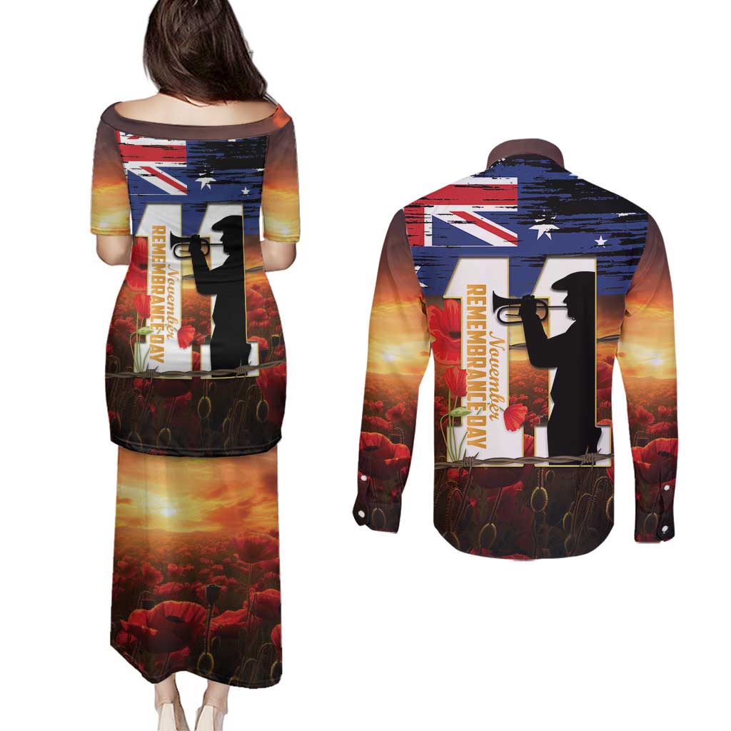 Australia Rememberance Day Couples Matching Puletasi and Long Sleeve Button Shirt 11 November Poppy Field With Last Post