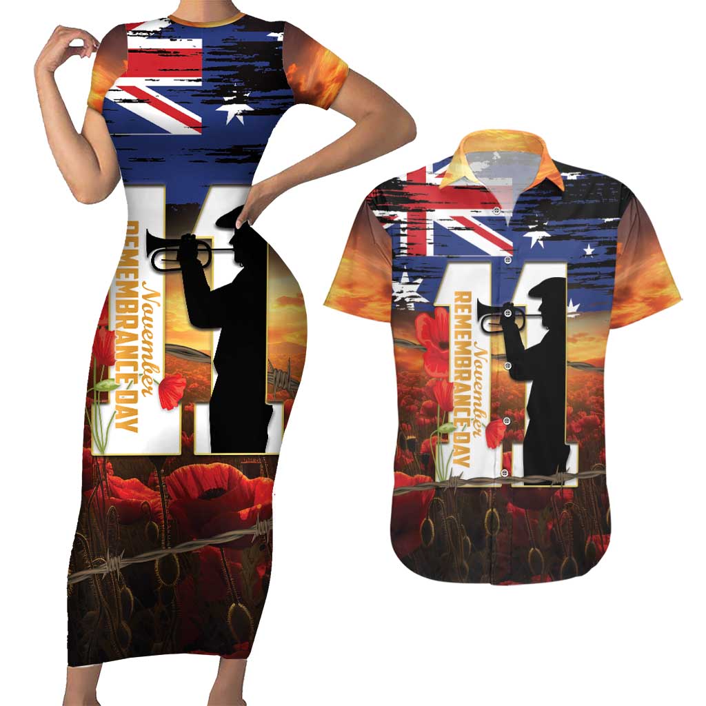 Australia Rememberance Day Couples Matching Short Sleeve Bodycon Dress and Hawaiian Shirt 11 November Poppy Field With Last Post