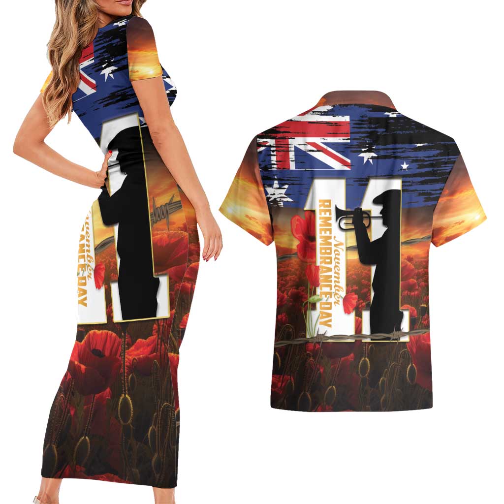 Australia Rememberance Day Couples Matching Short Sleeve Bodycon Dress and Hawaiian Shirt 11 November Poppy Field With Last Post