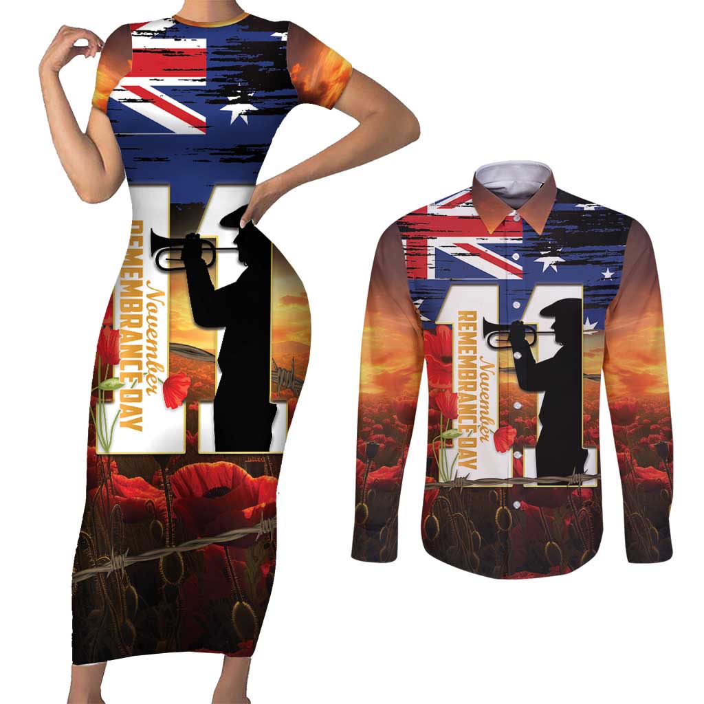 Australia Rememberance Day Couples Matching Short Sleeve Bodycon Dress and Long Sleeve Button Shirt 11 November Poppy Field With Last Post