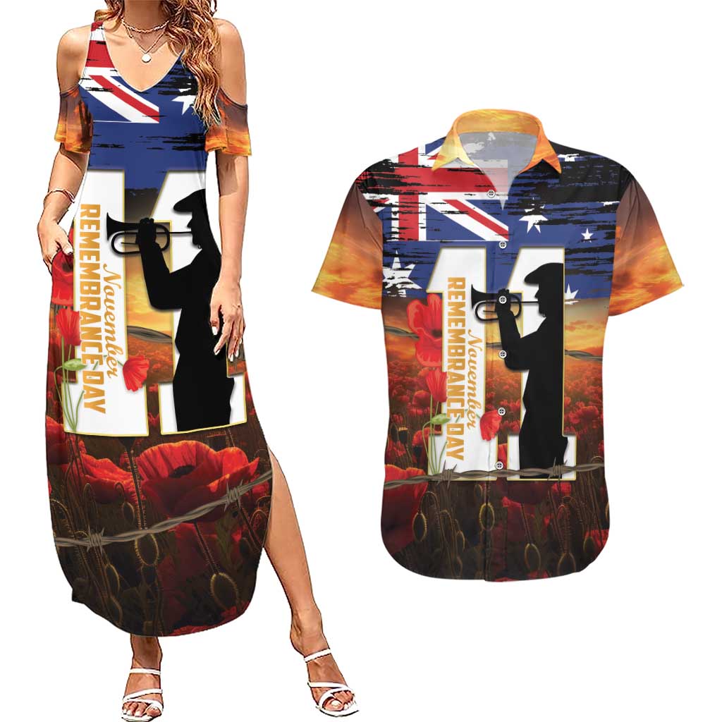 Australia Rememberance Day Couples Matching Summer Maxi Dress and Hawaiian Shirt 11 November Poppy Field With Last Post