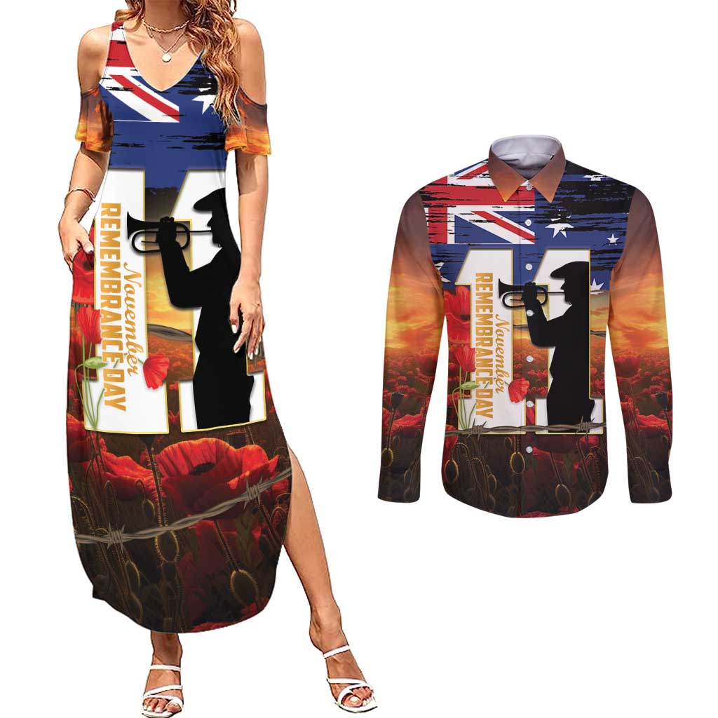 Australia Rememberance Day Couples Matching Summer Maxi Dress and Long Sleeve Button Shirt 11 November Poppy Field With Last Post