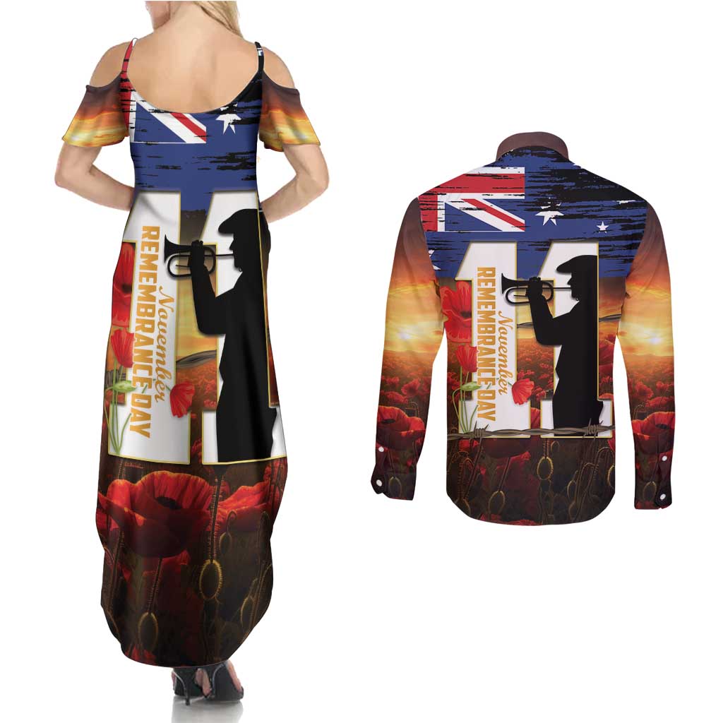 Australia Rememberance Day Couples Matching Summer Maxi Dress and Long Sleeve Button Shirt 11 November Poppy Field With Last Post