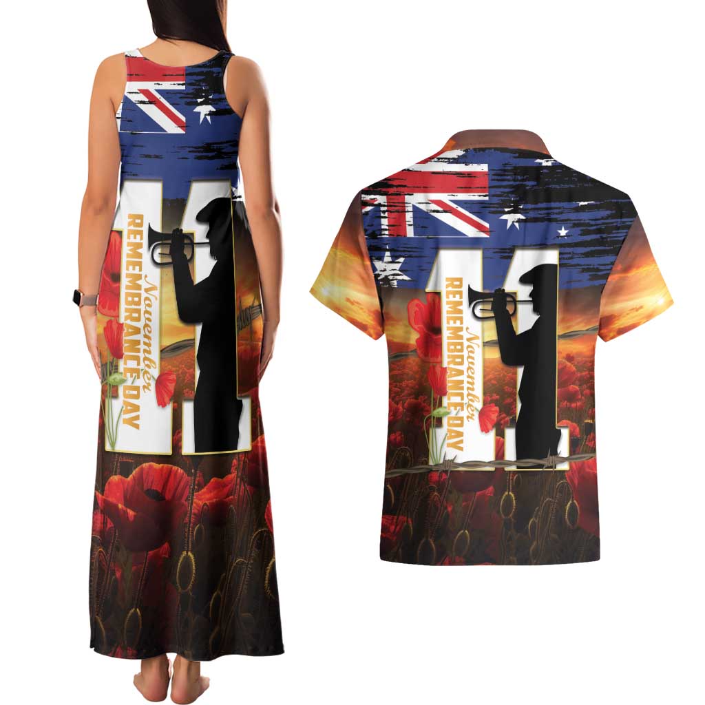 Australia Rememberance Day Couples Matching Tank Maxi Dress and Hawaiian Shirt 11 November Poppy Field With Last Post