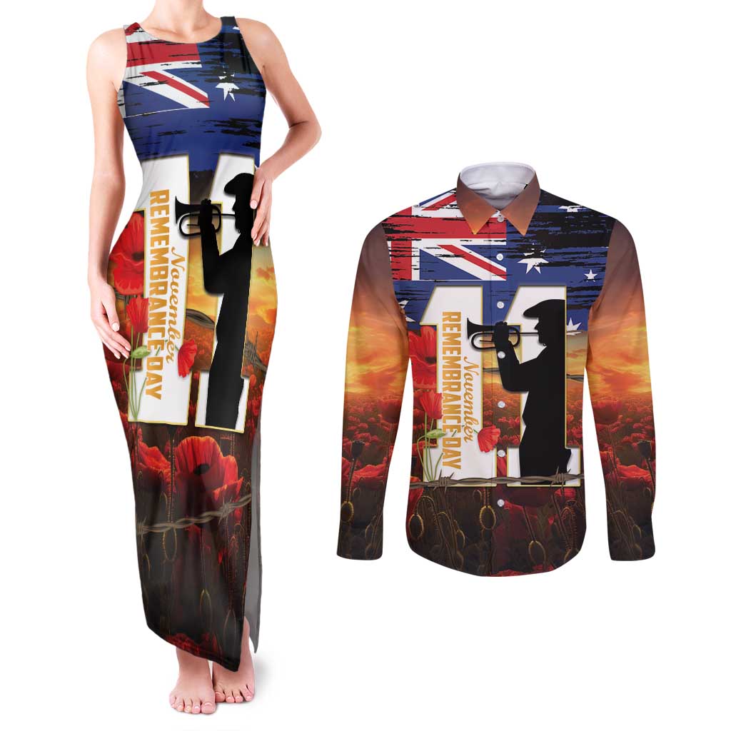 Australia Rememberance Day Couples Matching Tank Maxi Dress and Long Sleeve Button Shirt 11 November Poppy Field With Last Post
