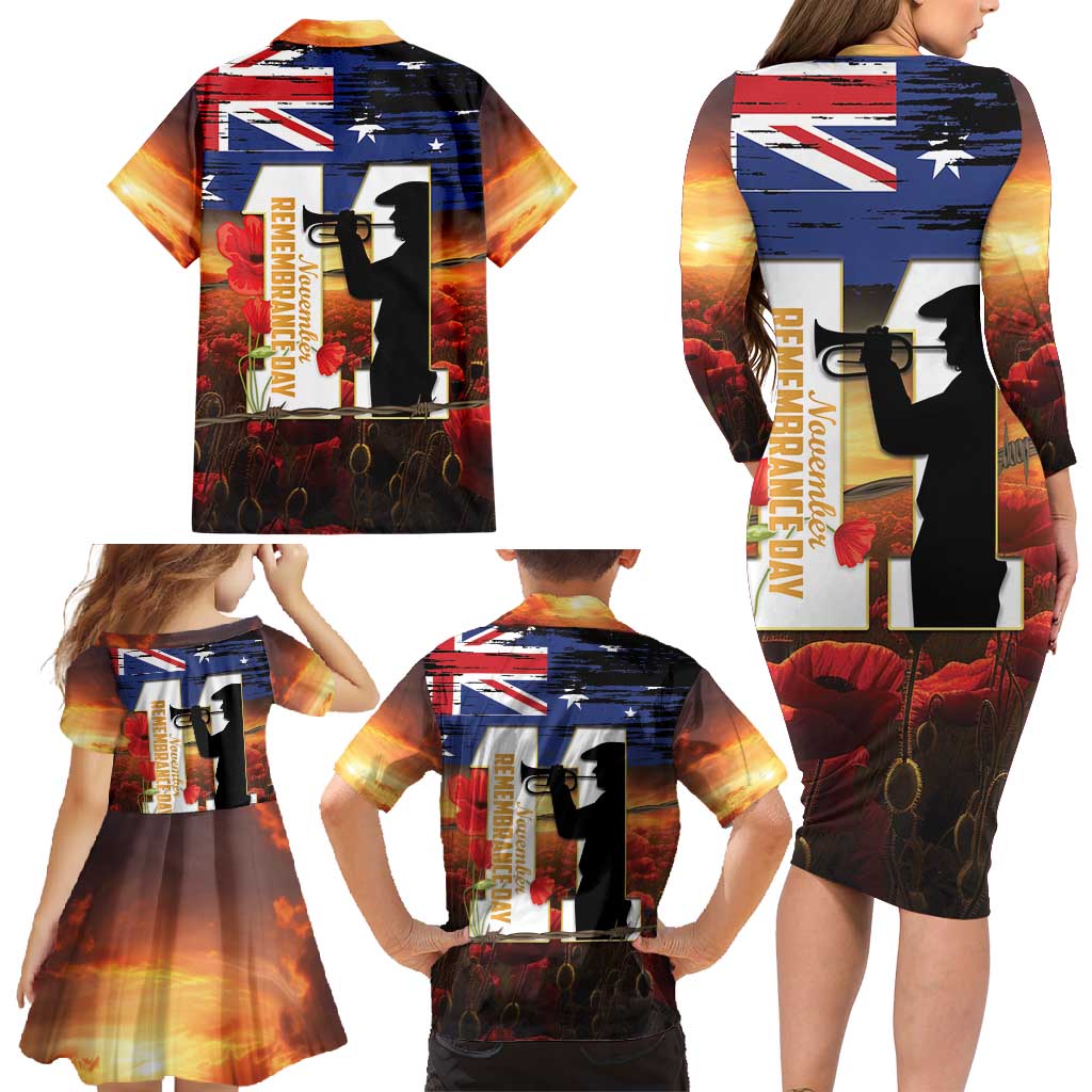 Australia Rememberance Day Family Matching Long Sleeve Bodycon Dress and Hawaiian Shirt 11 November Poppy Field With Last Post