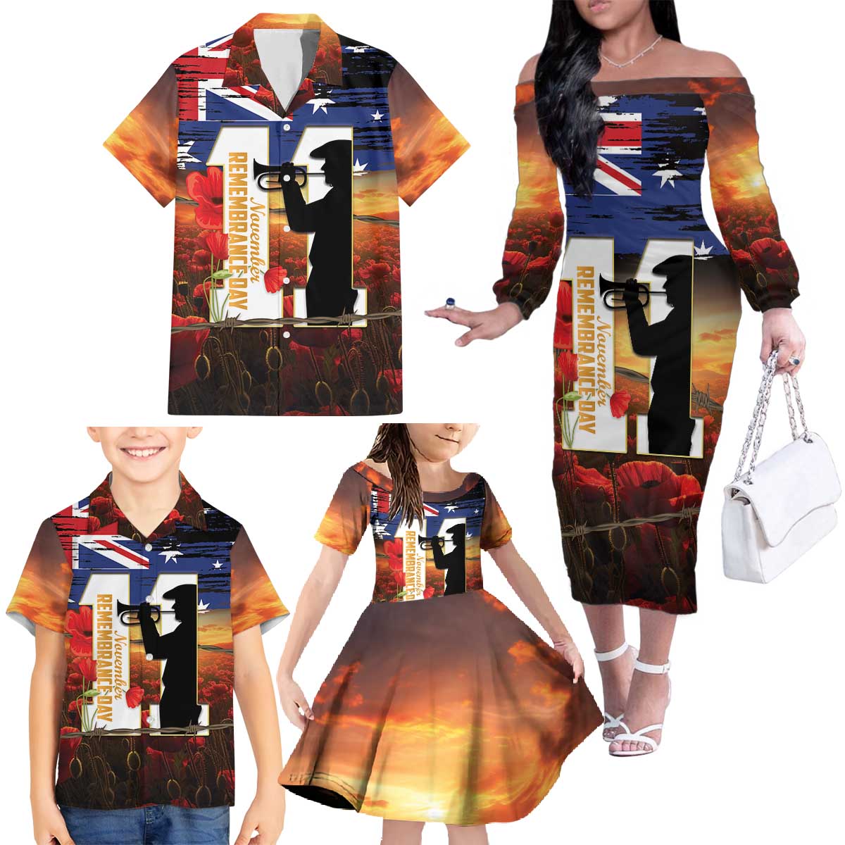 Australia Rememberance Day Family Matching Off The Shoulder Long Sleeve Dress and Hawaiian Shirt 11 November Poppy Field With Last Post