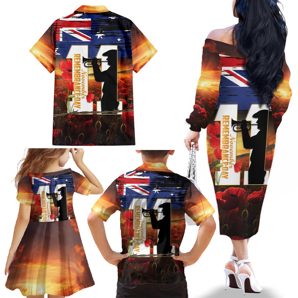 Australia Rememberance Day Family Matching Off The Shoulder Long Sleeve Dress and Hawaiian Shirt 11 November Poppy Field With Last Post