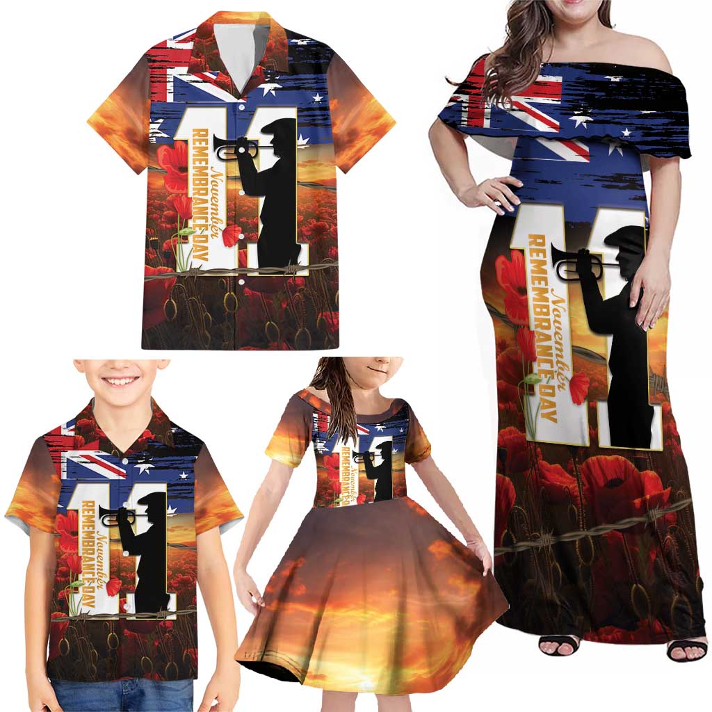 Australia Rememberance Day Family Matching Off Shoulder Maxi Dress and Hawaiian Shirt 11 November Poppy Field With Last Post