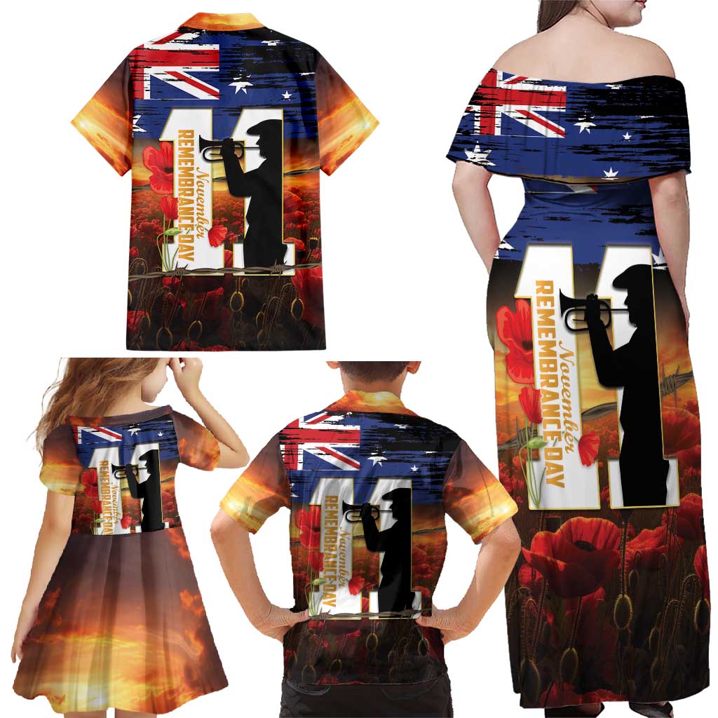 Australia Rememberance Day Family Matching Off Shoulder Maxi Dress and Hawaiian Shirt 11 November Poppy Field With Last Post