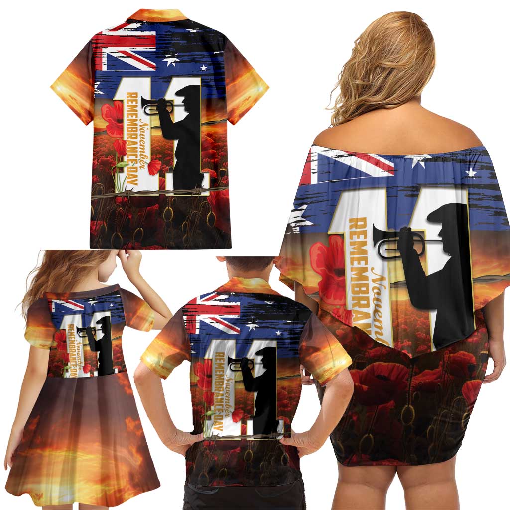 Australia Rememberance Day Family Matching Off Shoulder Short Dress and Hawaiian Shirt 11 November Poppy Field With Last Post