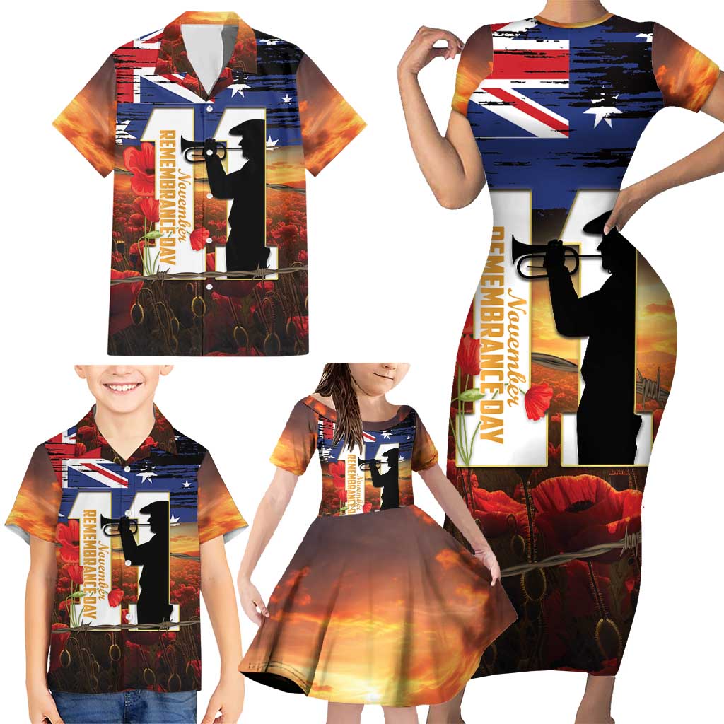 Australia Rememberance Day Family Matching Short Sleeve Bodycon Dress and Hawaiian Shirt 11 November Poppy Field With Last Post