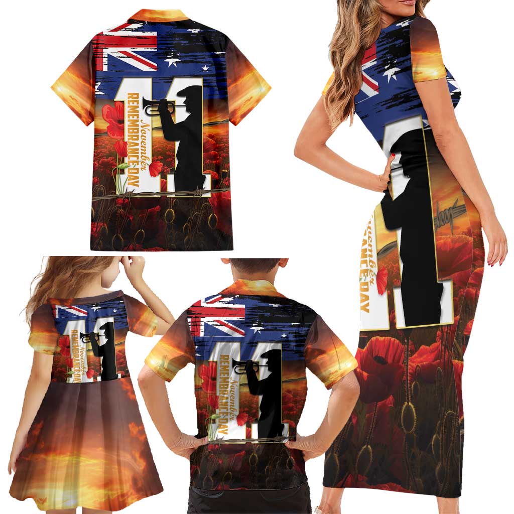 Australia Rememberance Day Family Matching Short Sleeve Bodycon Dress and Hawaiian Shirt 11 November Poppy Field With Last Post