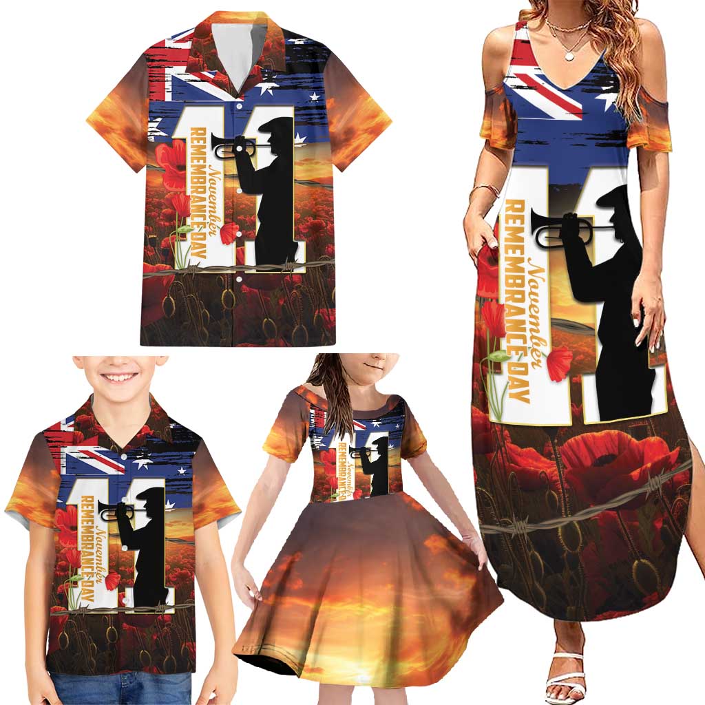 Australia Rememberance Day Family Matching Summer Maxi Dress and Hawaiian Shirt 11 November Poppy Field With Last Post