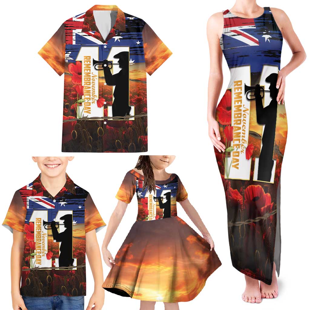 Australia Rememberance Day Family Matching Tank Maxi Dress and Hawaiian Shirt 11 November Poppy Field With Last Post