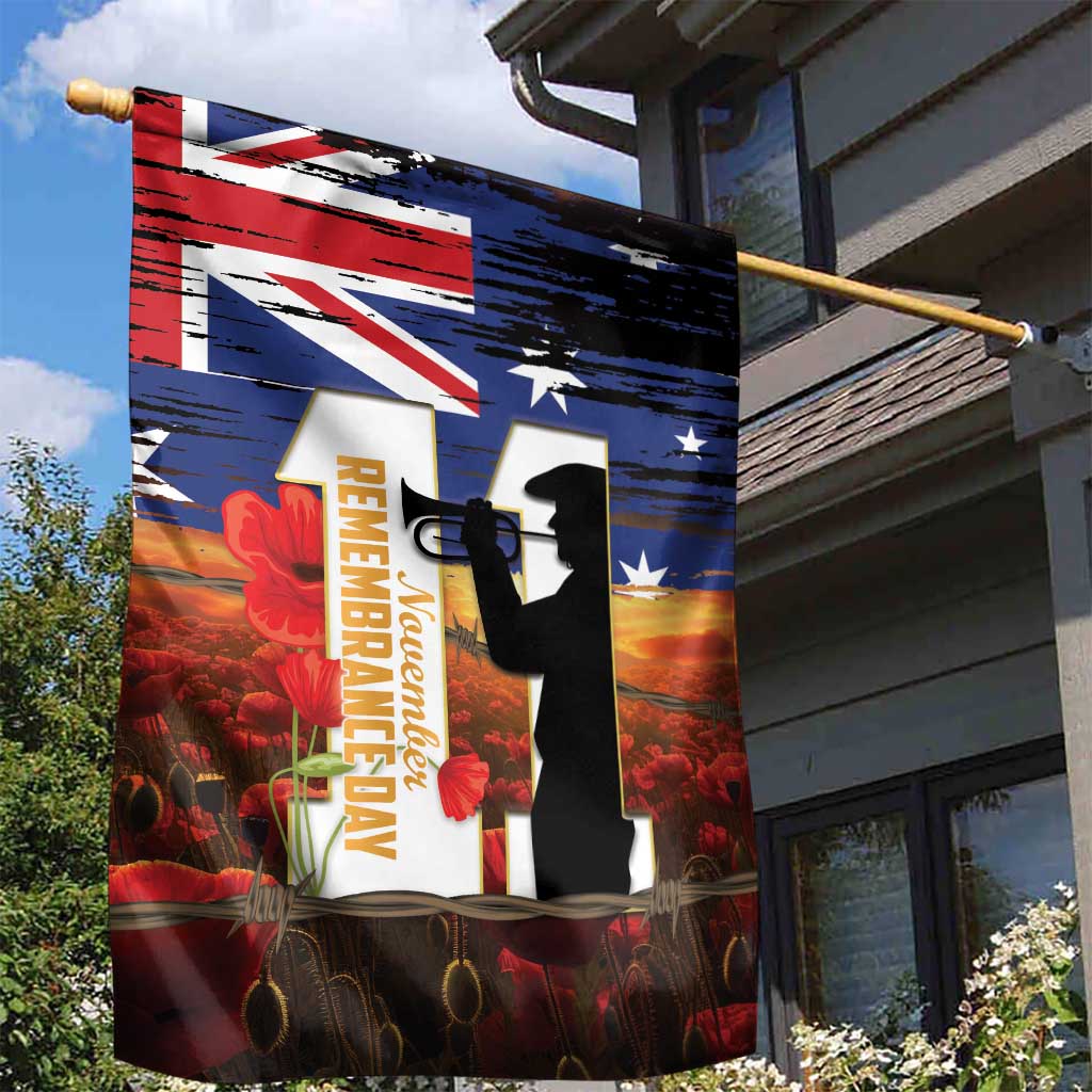 Australia Rememberance Day Garden Flag 11 November Poppy Field With Last Post