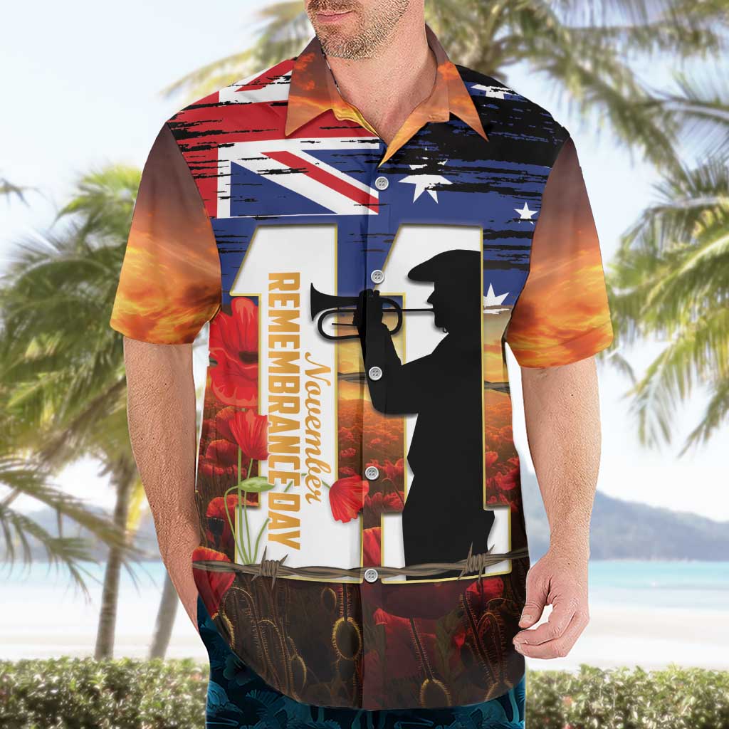 Australia Rememberance Day Hawaiian Shirt 11 November Poppy Field With Last Post