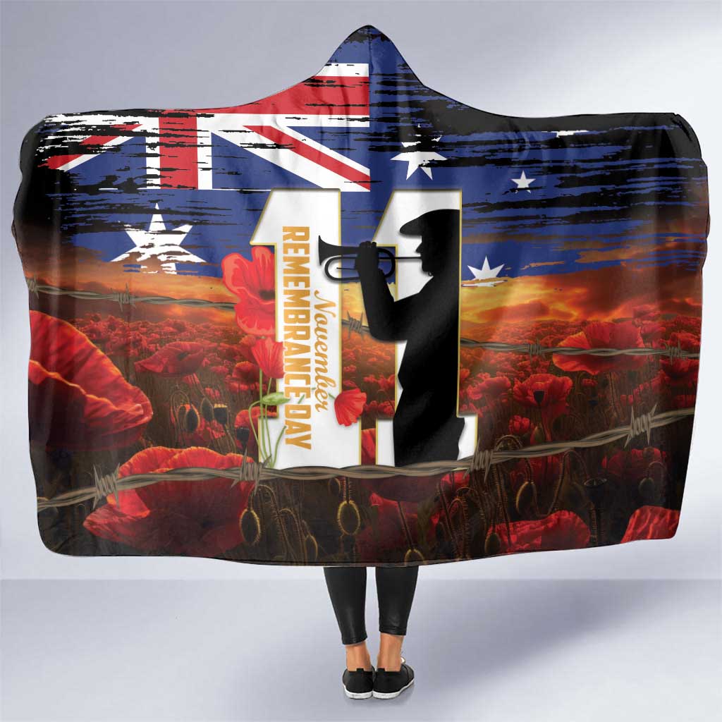 Australia Rememberance Day Hooded Blanket 11 November Poppy Field With Last Post