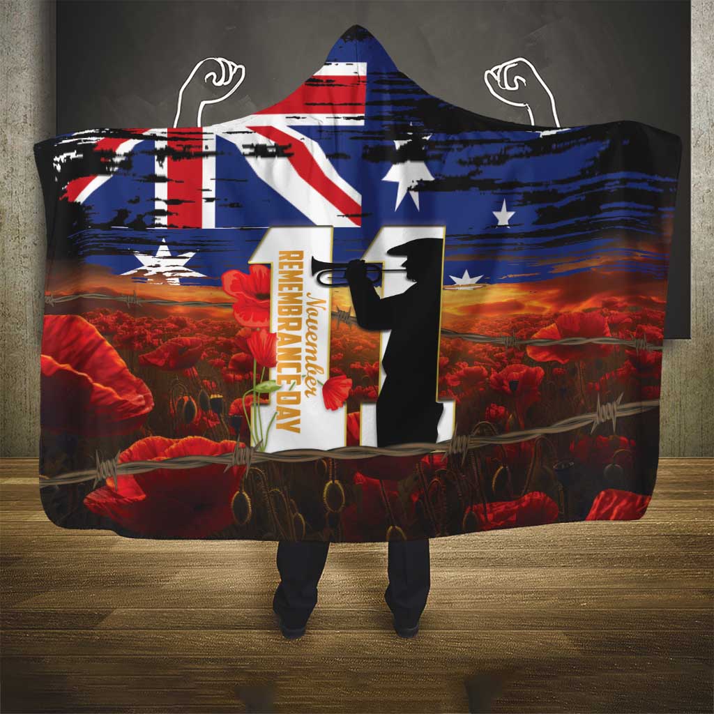 Australia Rememberance Day Hooded Blanket 11 November Poppy Field With Last Post