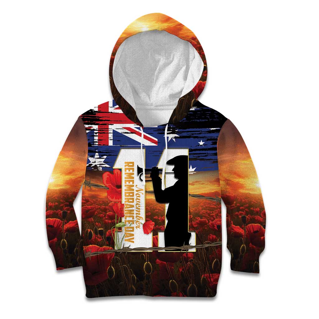 Australia Rememberance Day Kid Hoodie 11 November Poppy Field With Last Post
