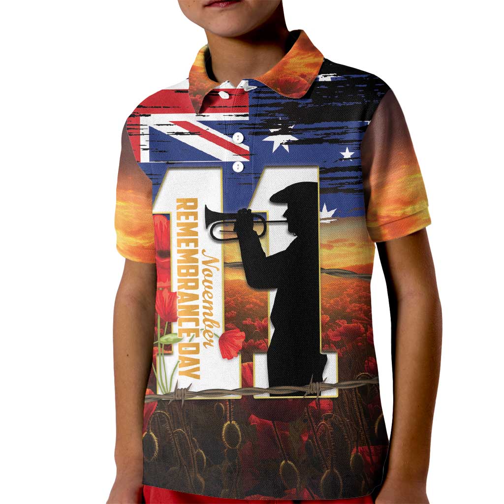 Australia Rememberance Day Kid Polo Shirt 11 November Poppy Field With Last Post