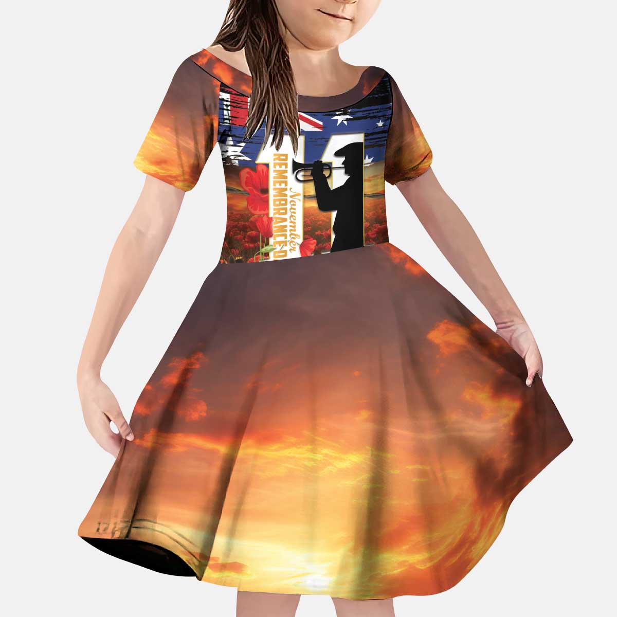 Australia Rememberance Day Kid Short Sleeve Dress 11 November Poppy Field With Last Post