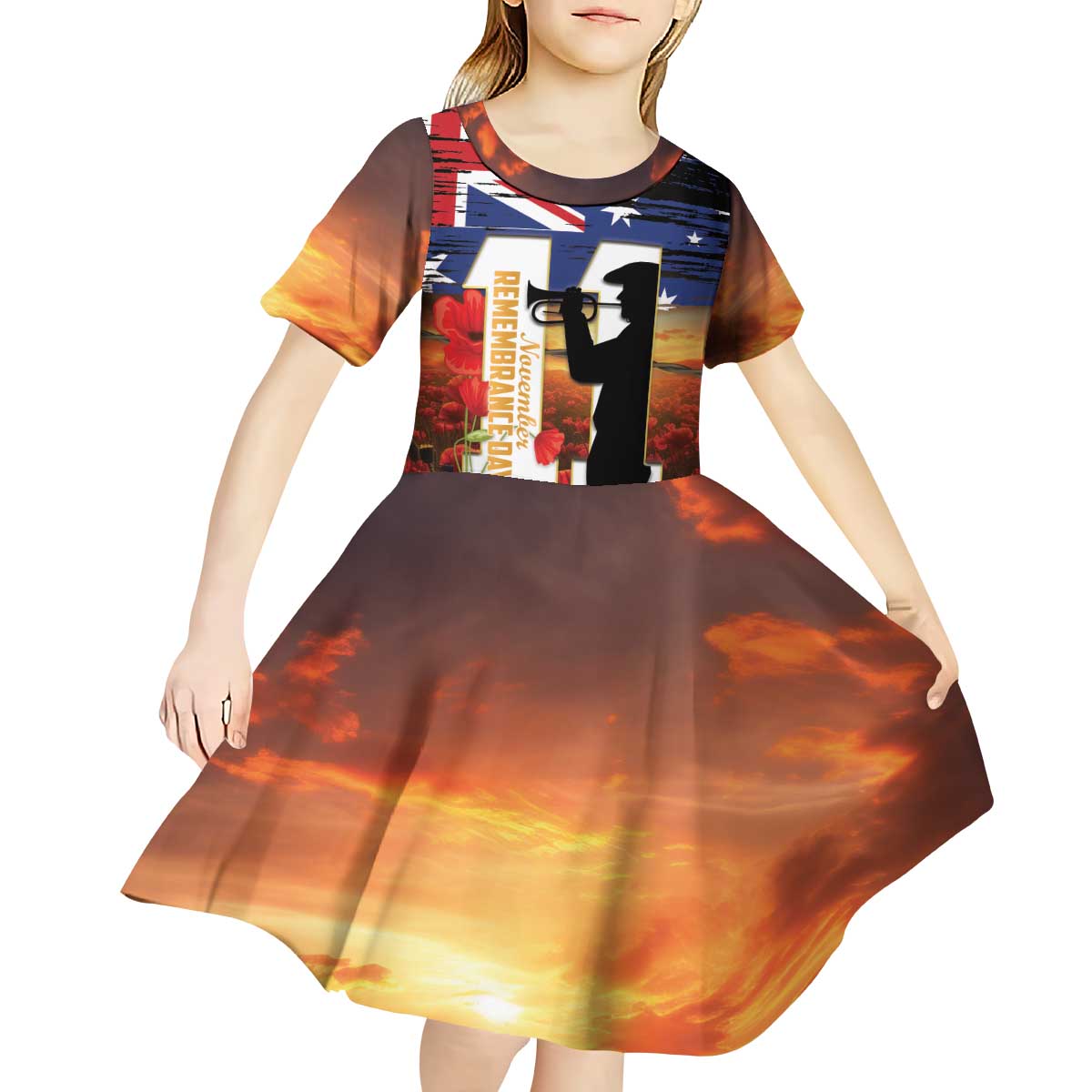 Australia Rememberance Day Kid Short Sleeve Dress 11 November Poppy Field With Last Post