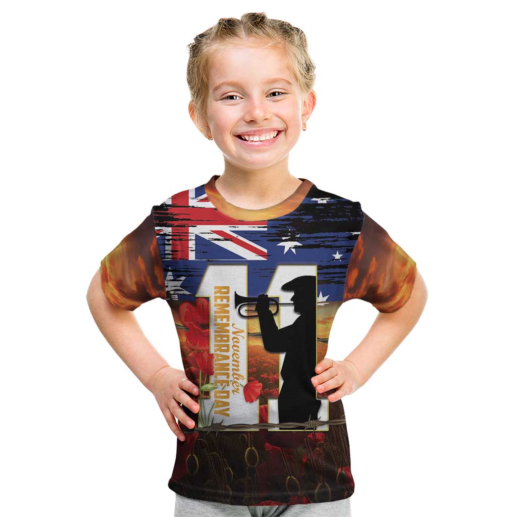 Australia Rememberance Day Kid T Shirt 11 November Poppy Field With Last Post