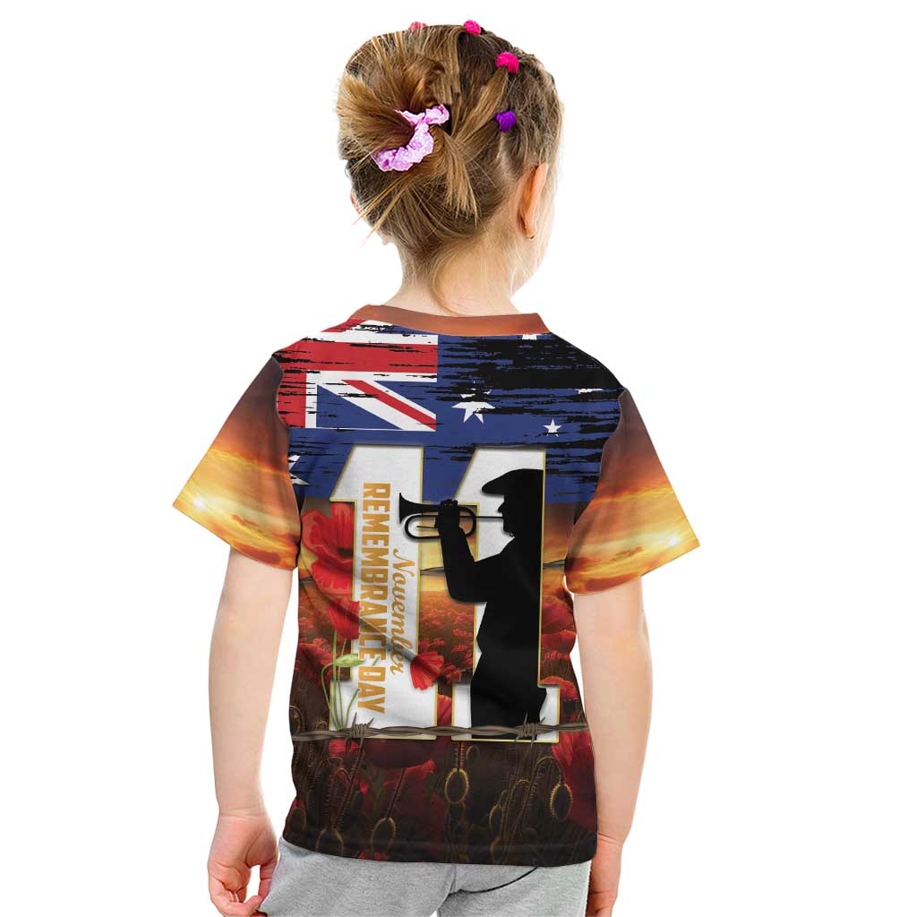 Australia Rememberance Day Kid T Shirt 11 November Poppy Field With Last Post