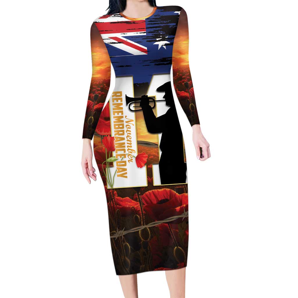 Australia Rememberance Day Long Sleeve Bodycon Dress 11 November Poppy Field With Last Post