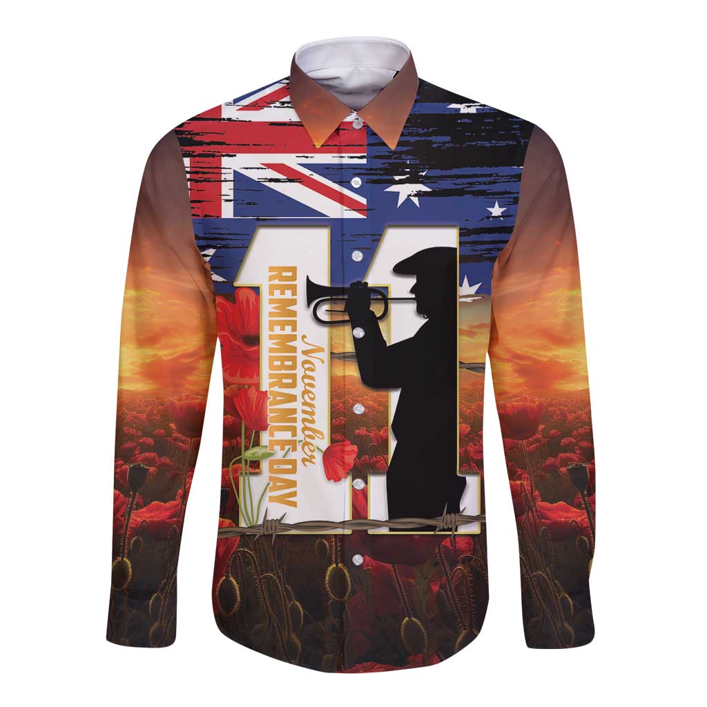 Australia Rememberance Day Long Sleeve Button Shirt 11 November Poppy Field With Last Post