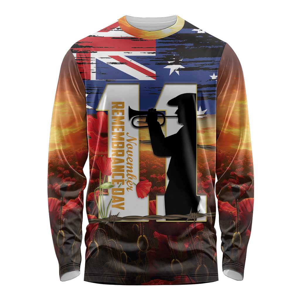 Australia Rememberance Day Long Sleeve Shirt 11 November Poppy Field With Last Post