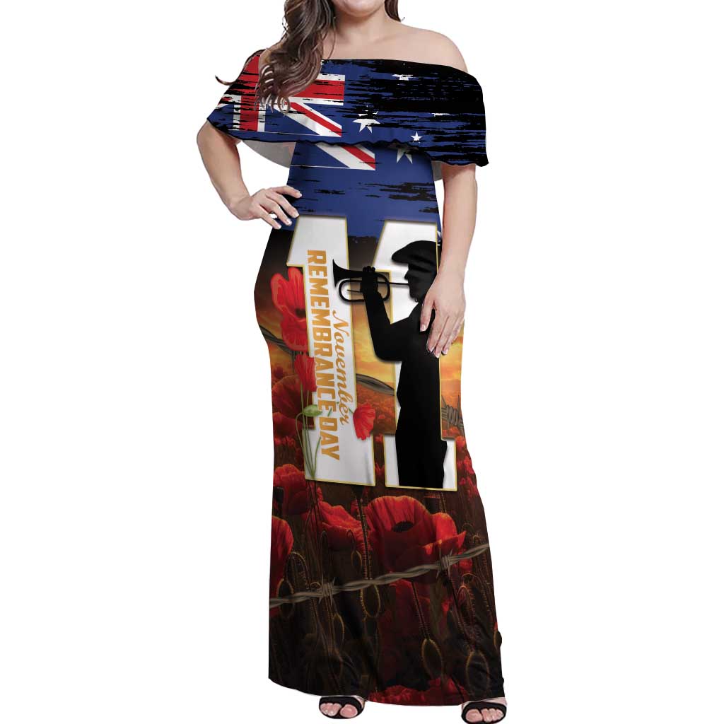Australia Rememberance Day Off Shoulder Maxi Dress 11 November Poppy Field With Last Post