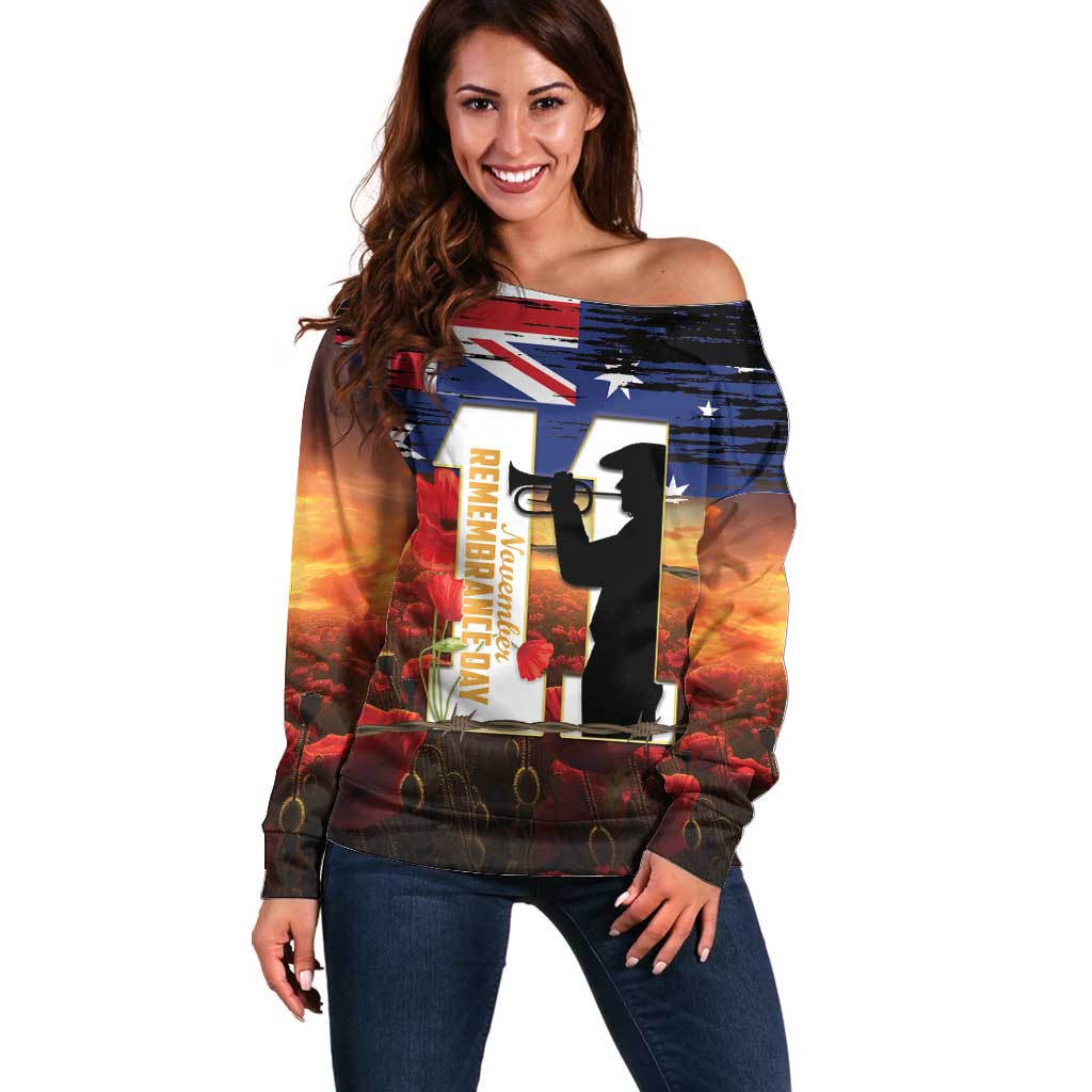 Australia Rememberance Day Off Shoulder Sweater 11 November Poppy Field With Last Post
