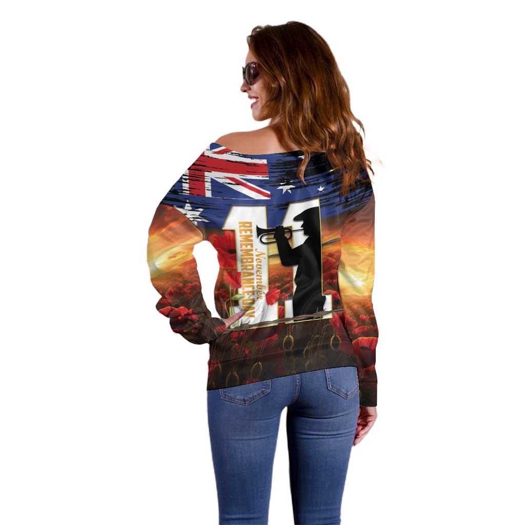 Australia Rememberance Day Off Shoulder Sweater 11 November Poppy Field With Last Post