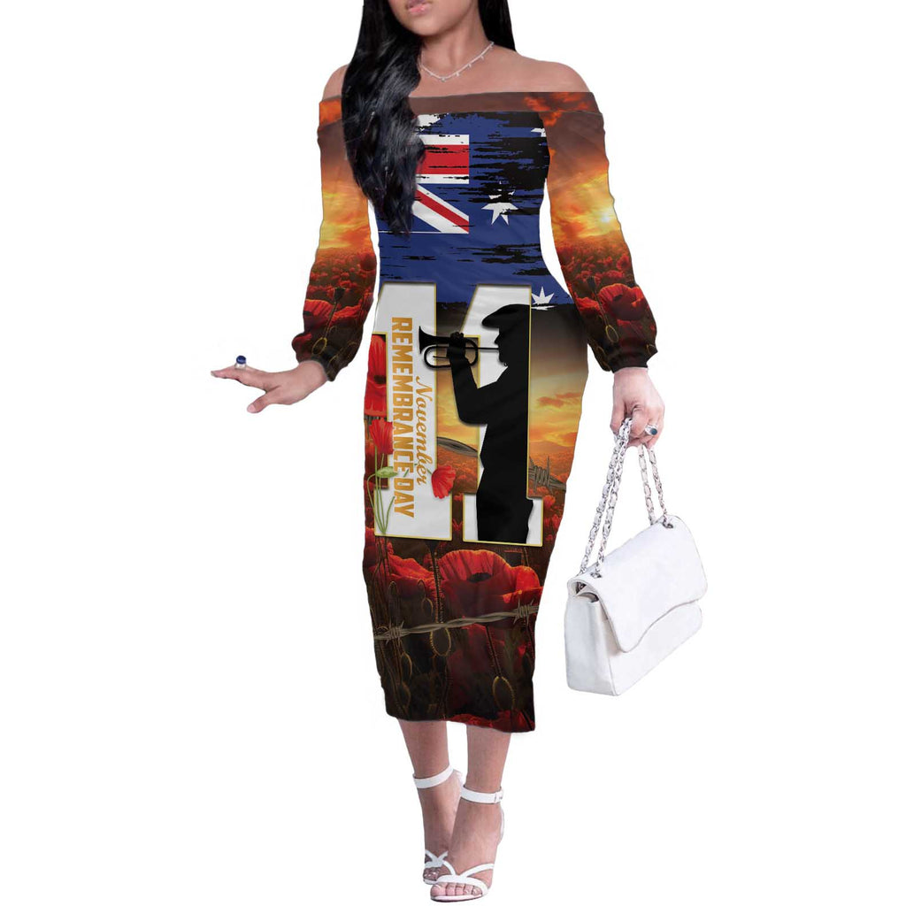 Australia Rememberance Day Off The Shoulder Long Sleeve Dress 11 November Poppy Field With Last Post