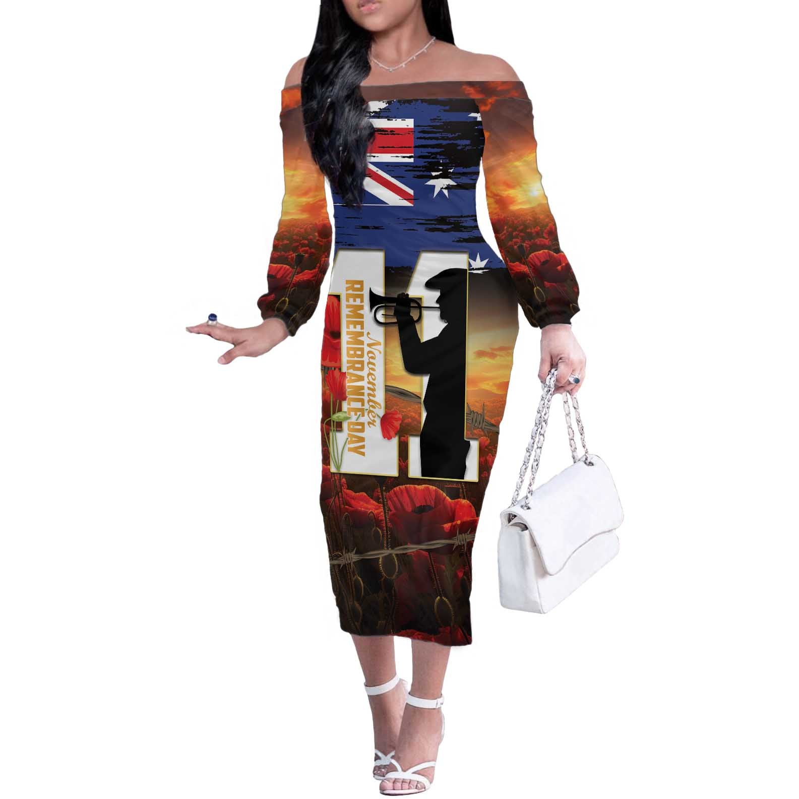 Australia Rememberance Day Off The Shoulder Long Sleeve Dress 11 November Poppy Field With Last Post