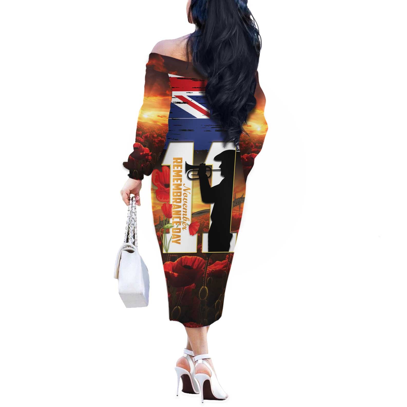 Australia Rememberance Day Off The Shoulder Long Sleeve Dress 11 November Poppy Field With Last Post