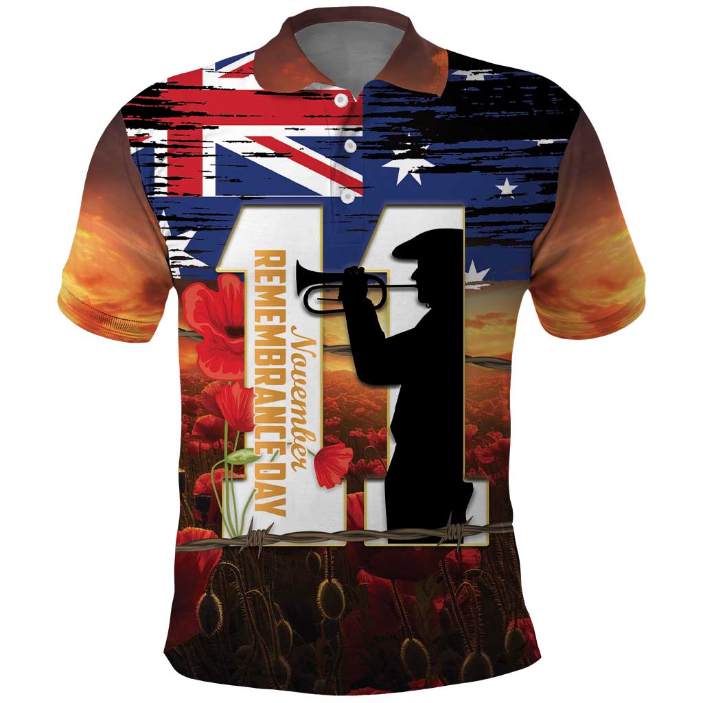 Australia Rememberance Day Polo Shirt 11 November Poppy Field With Last Post