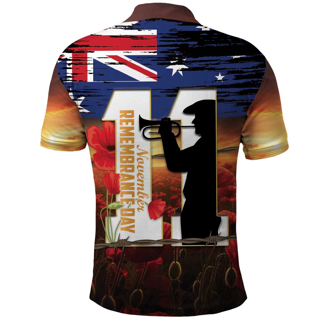Australia Rememberance Day Polo Shirt 11 November Poppy Field With Last Post