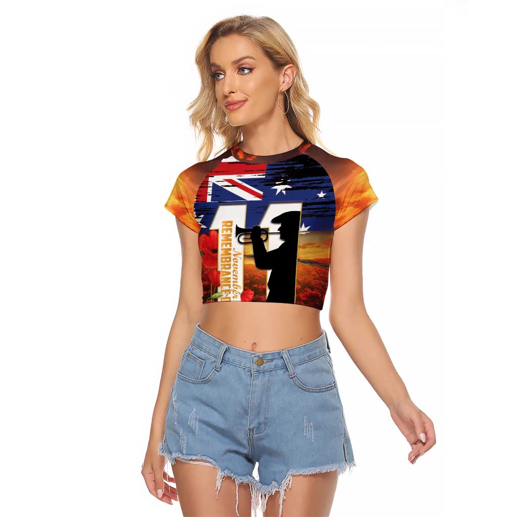 Australia Rememberance Day Raglan Cropped T Shirt 11 November Poppy Field With Last Post