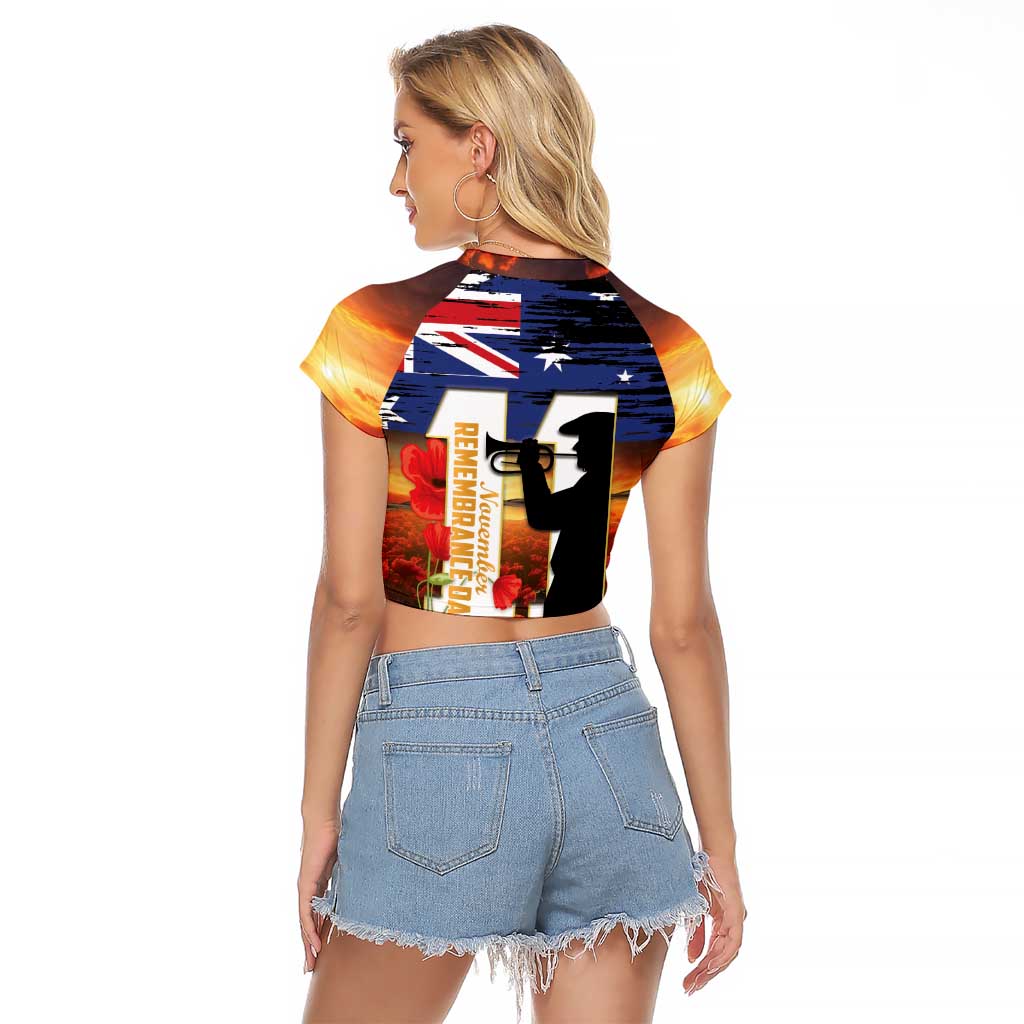 Australia Rememberance Day Raglan Cropped T Shirt 11 November Poppy Field With Last Post